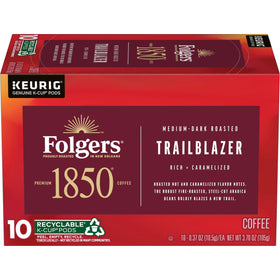 Folgers 1850 Trailblazer pod box for quick, flavorful mornings.