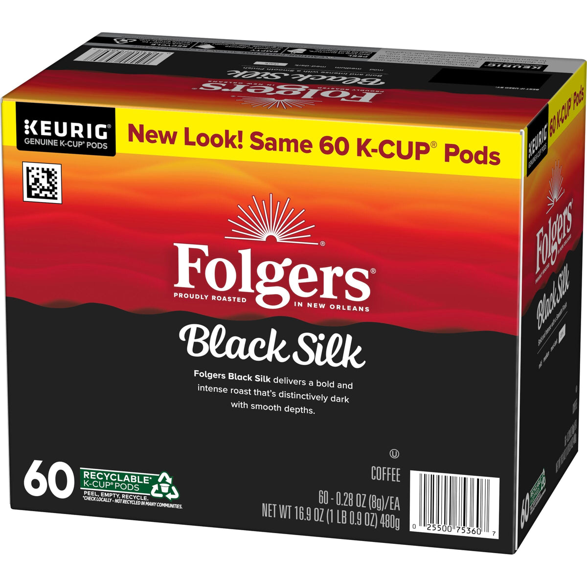 Close-up of Folgers Black Silk K-Cups for a bold, smooth brew.