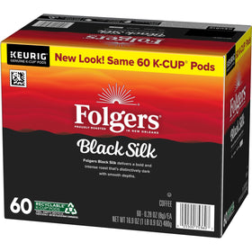Close-up of Folgers Black Silk K-Cups for a bold, smooth brew.