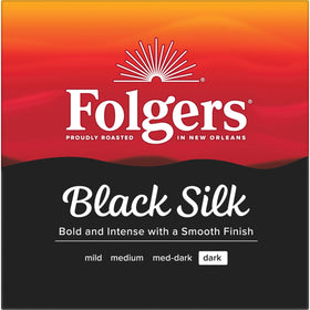 Dark roast aroma image highlights Folgers Black Silk for a rich morning cup.