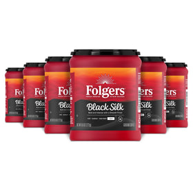 Folgers Black Silk Dark Roast canister pack6 front view highlighting bold aroma for mornings