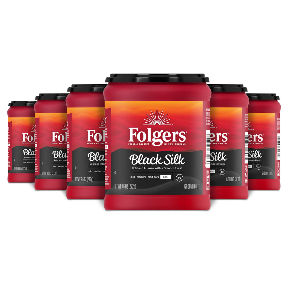 Folgers Black Silk Dark Roast canister pack6 front view highlighting bold aroma for mornings