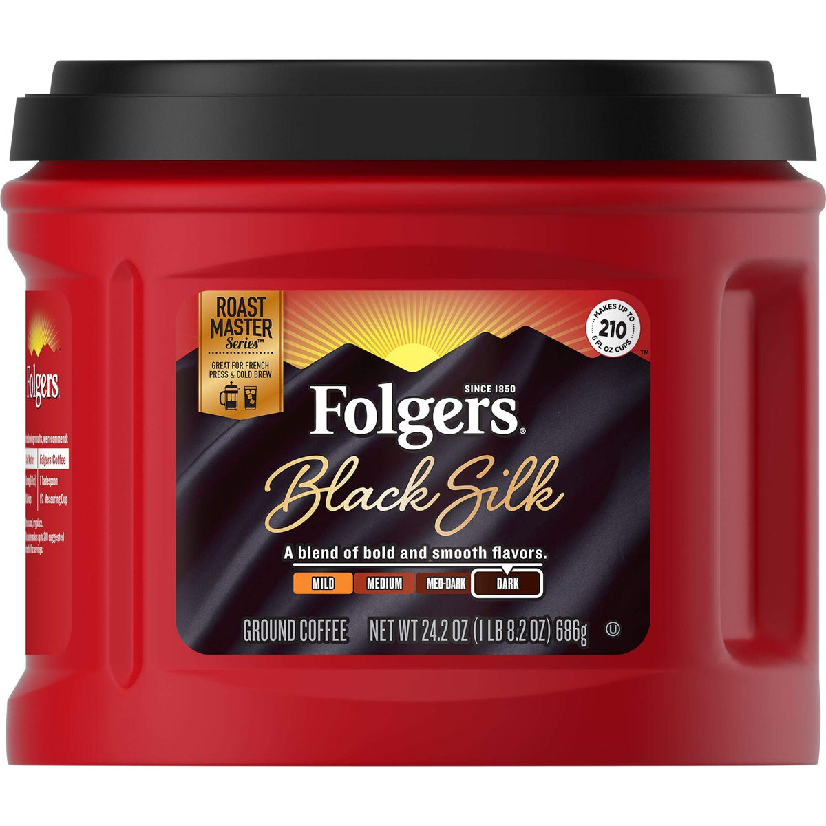 Folgers Black Silk Dark Roast coffee canister front view for bold mornings.