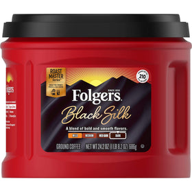 Folgers Black Silk Dark Roast coffee canister front view for bold mornings.