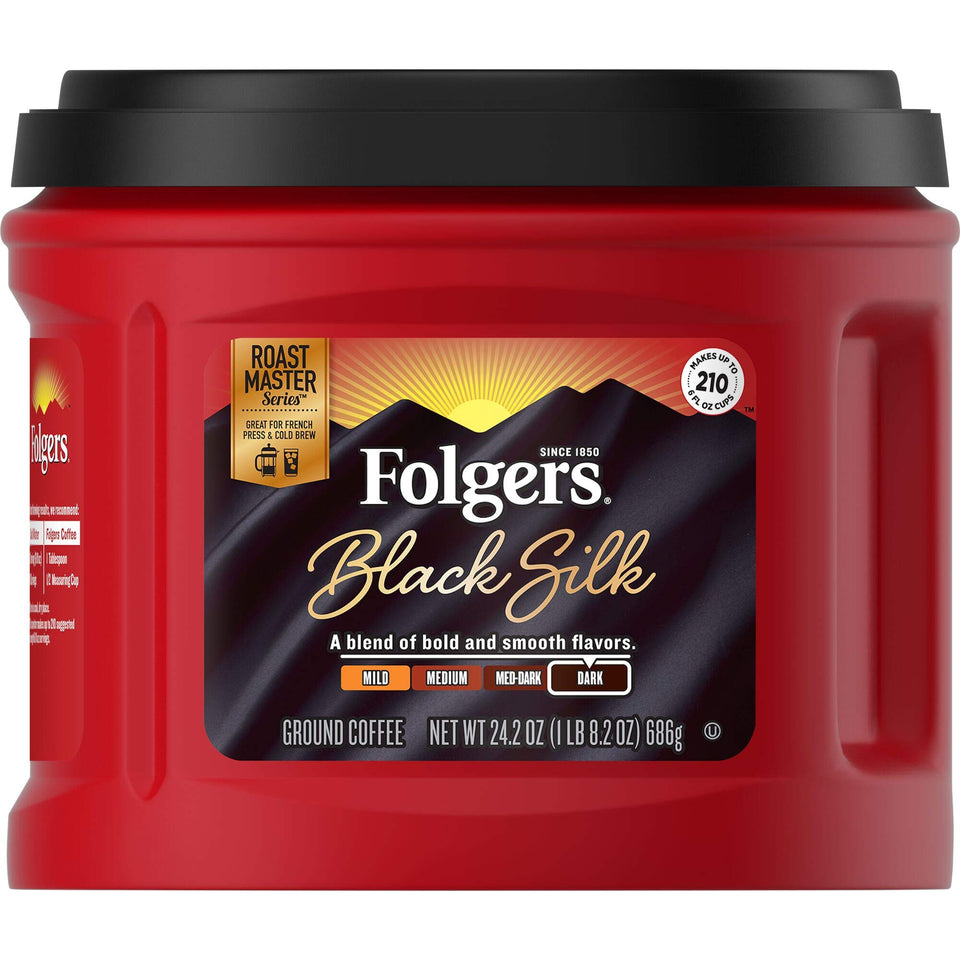 Folgers Black Silk Dark Roast coffee canister front view for bold mornings.