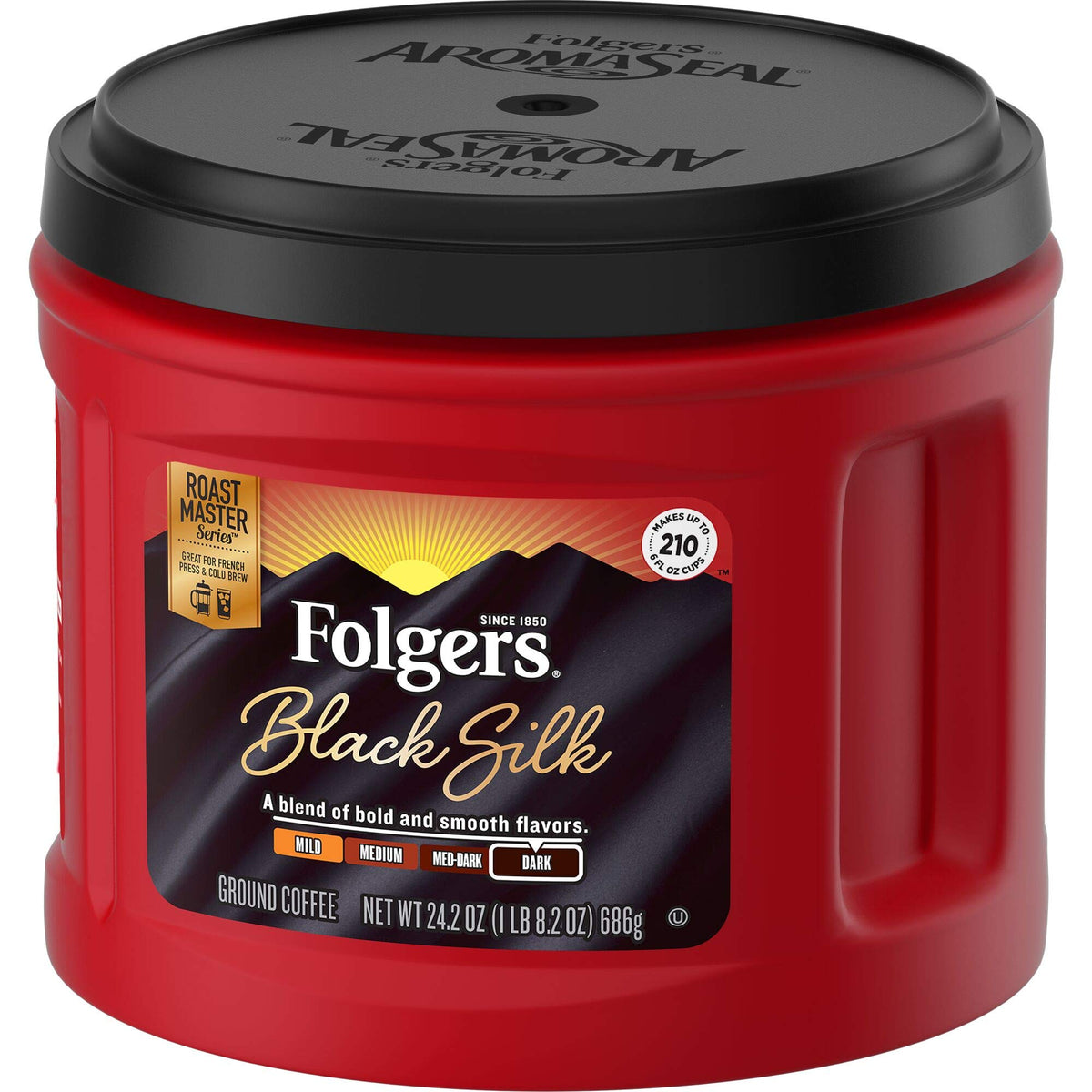 Steaming cup of Folgers Black Silk dark roast highlighting rich color.