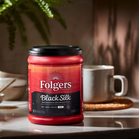 Folgers Black Silk Dark Roast in French press setup for a bold, full-bodied extraction