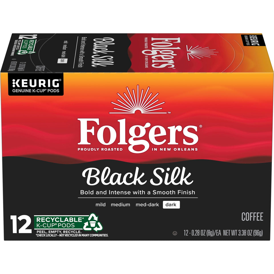 Folgers Black Silk dark roast K-Cup pods on a shelf for quick mornings.