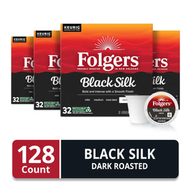 Folgers Black Silk dark-roast coffee pods offer a bold, smooth morning boost.