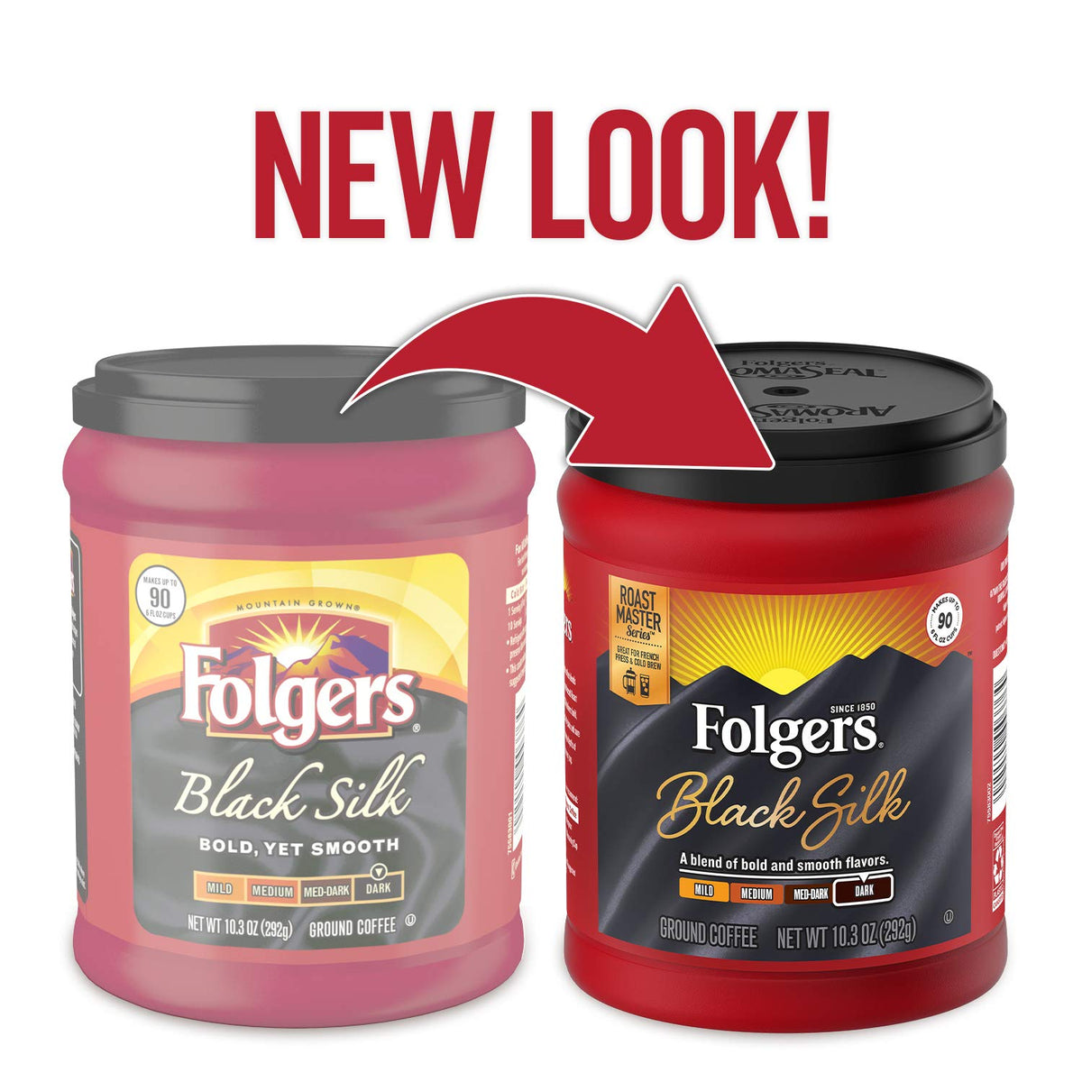 Folgers Black Silk AromaSeal canister; aroma preserved for richer brews.