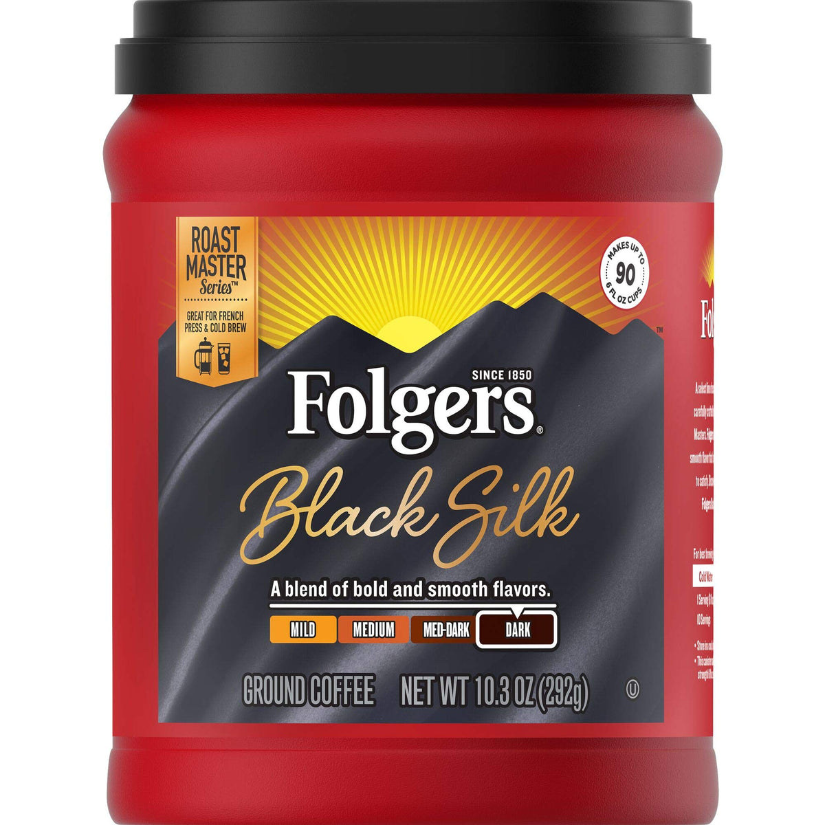 Folgers Black Silk Ground Coffee canister front view; bold flavor for mornings.