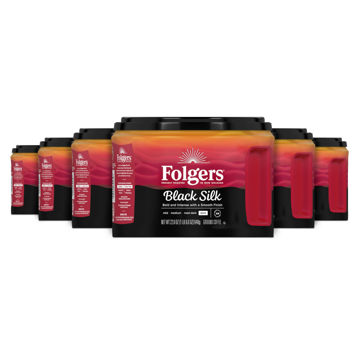 Folgers Black Silk ground coffee canisters pack for convenient six-pack value