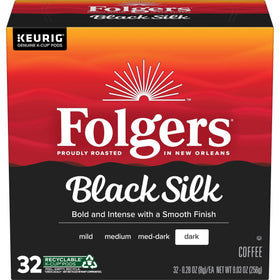 Folgers Black Silk K-Cup box on the counter for quick, easy mornings.