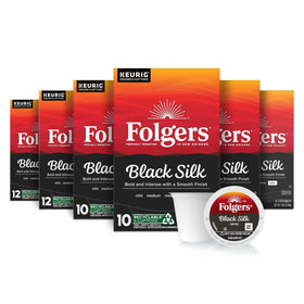 Folgers Black Silk K-Cup boxes front view shows convenient six-pack packaging for easy daily use.