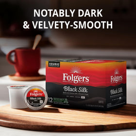 Folgers Black Silk K-Cup pods in a Keurig brewer for quick cups.