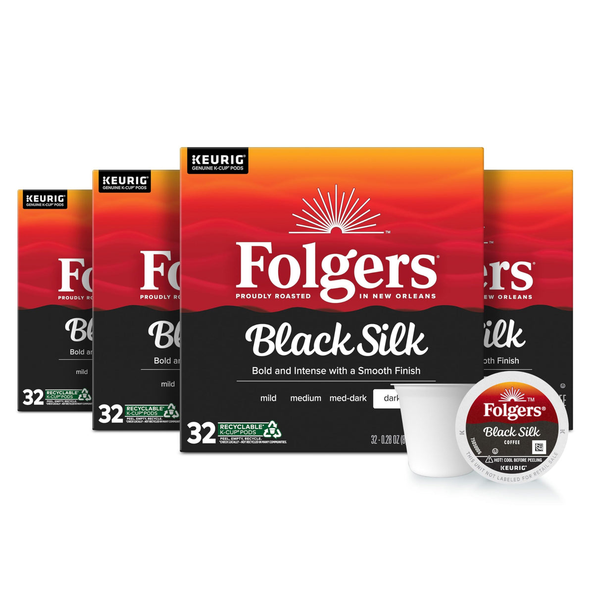 Folgers Black Silk K-Cup pods packaging for quick mornings.