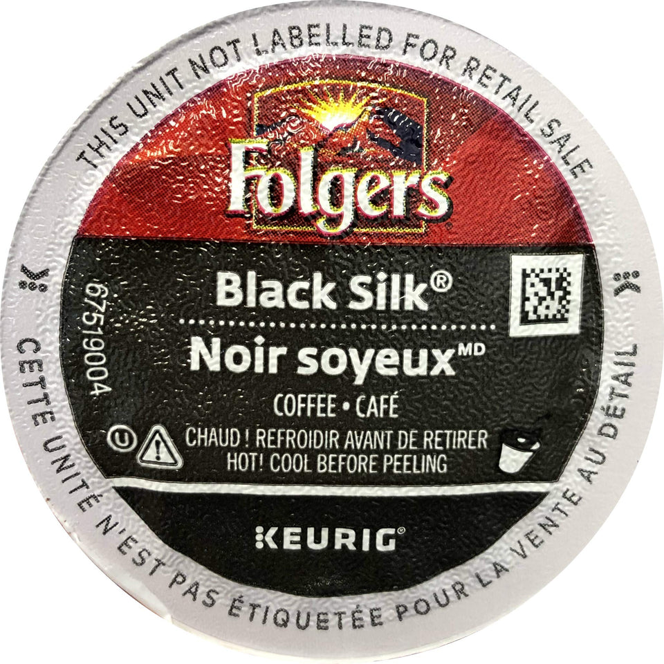 Folgers Black Silk K-Cups box front showing bold aroma ready for Keurig brewing