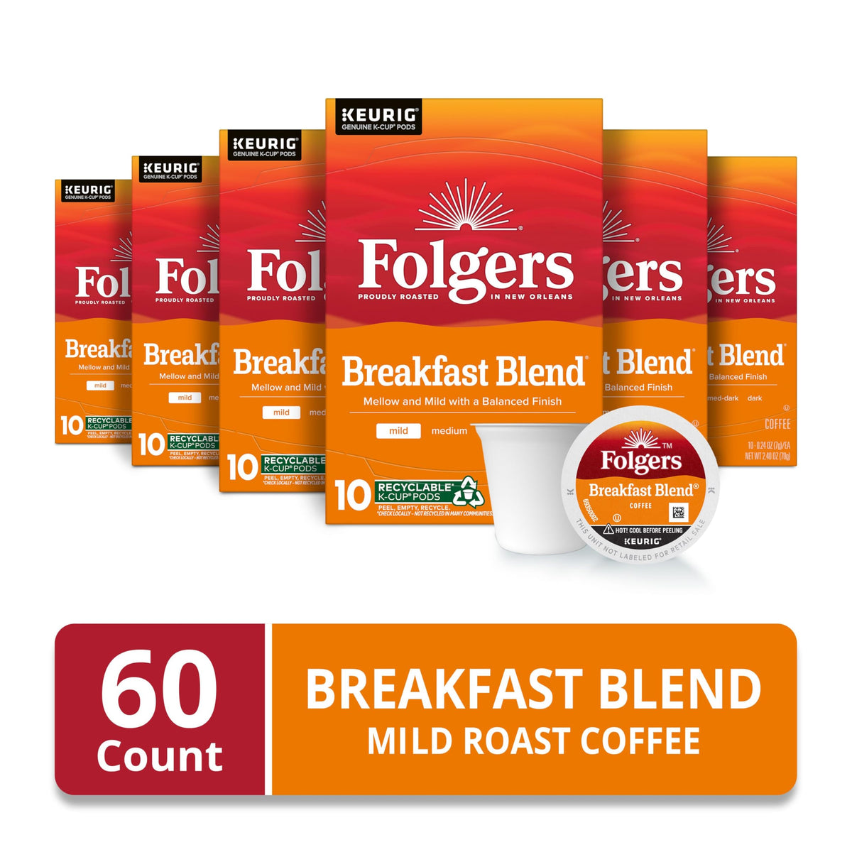 Folgers Breakfast Blend box display showing six-box value for daily mornings