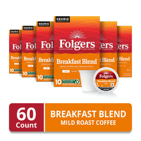 Folgers Breakfast Blend box display showing six-box value for daily mornings