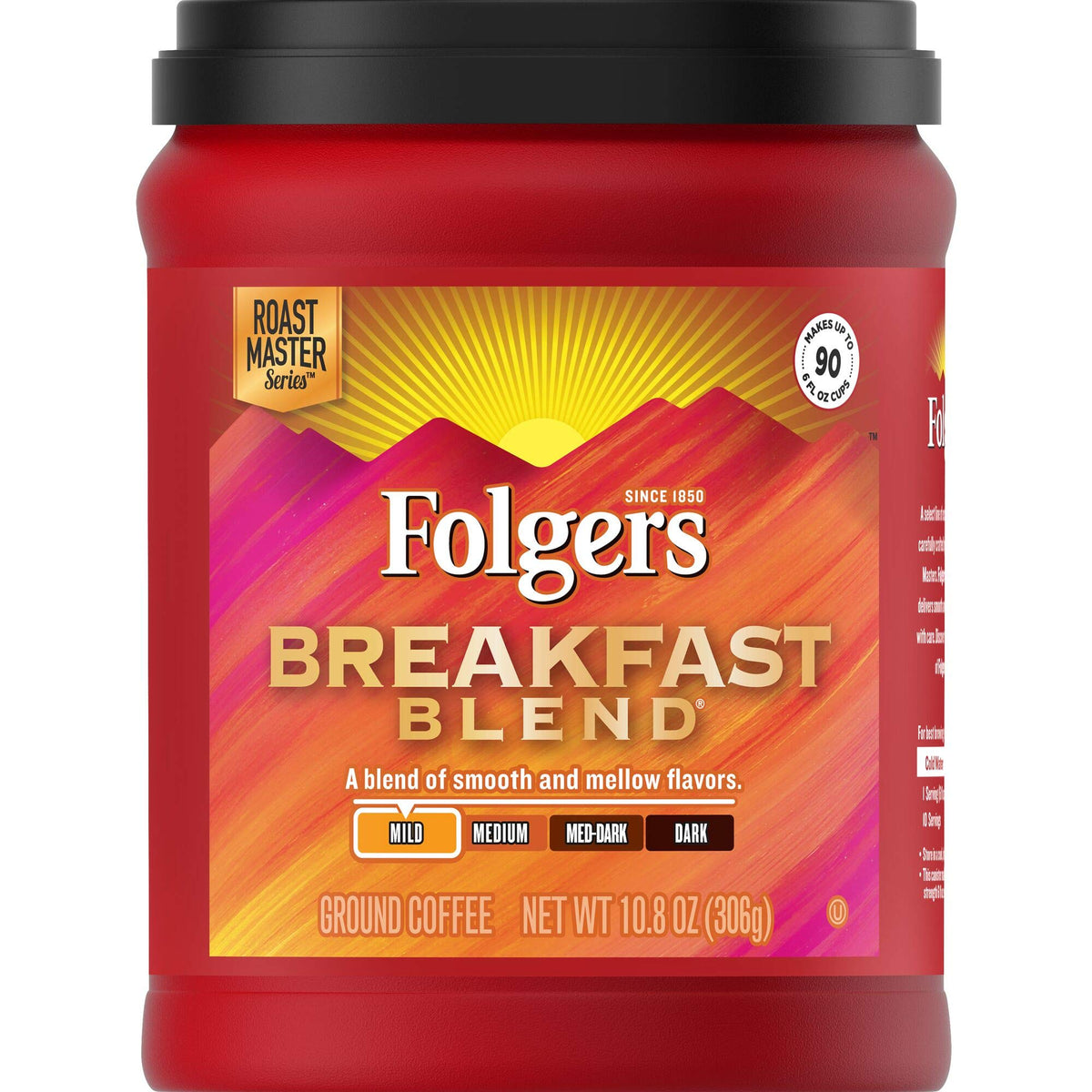Folgers Breakfast Blend canister with AromaSeal for freshness every morning.