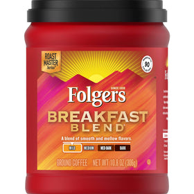Folgers Breakfast Blend canister with AromaSeal for freshness every morning.