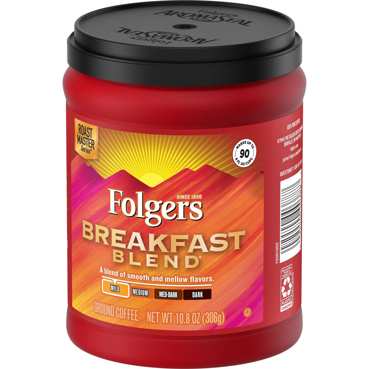 Folgers Breakfast Blend coffee beans highlighting mild roast notes.