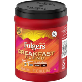 Folgers Breakfast Blend coffee beans highlighting mild roast notes.