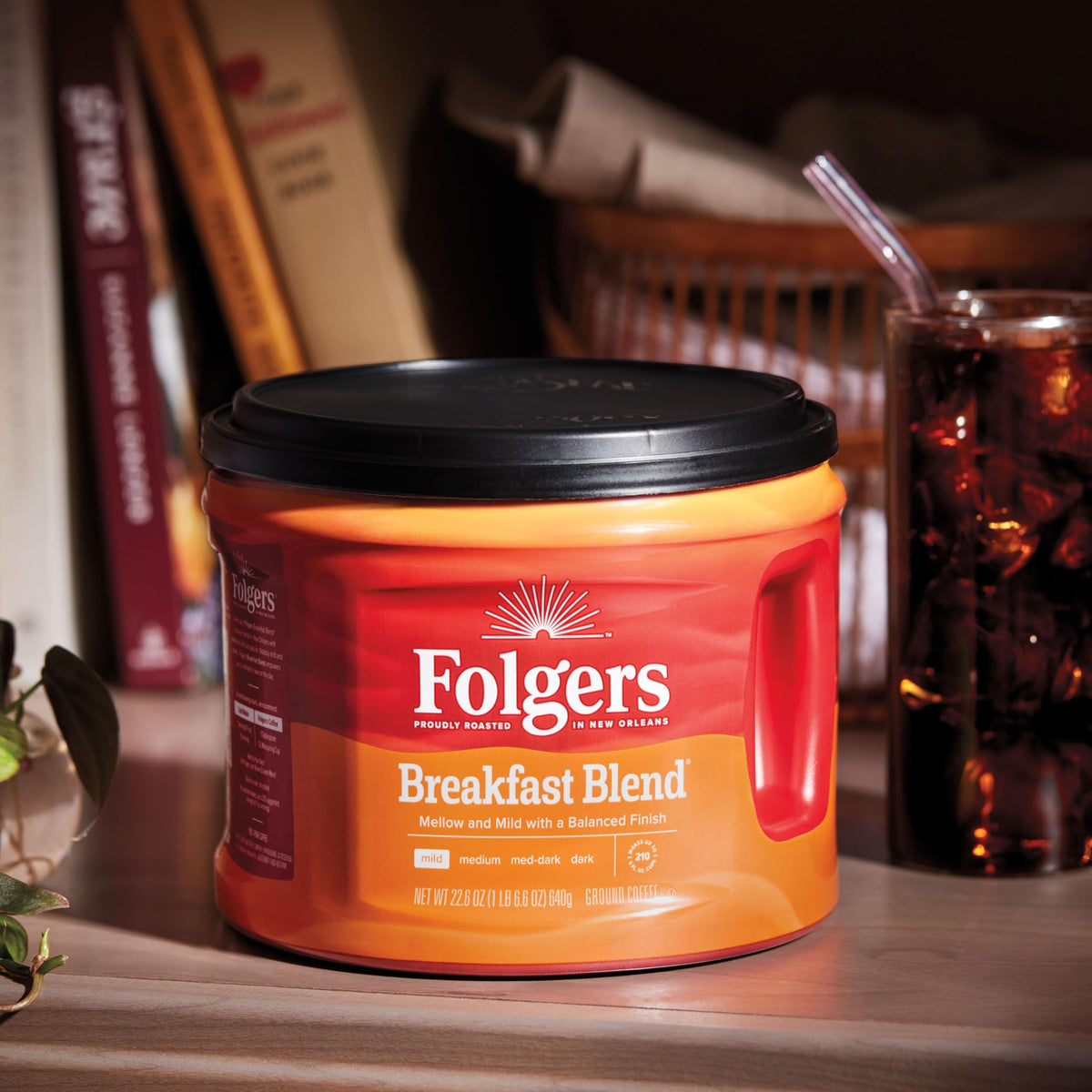 Folgers Breakfast Blend ground coffee closeup for versatile brewing methods.