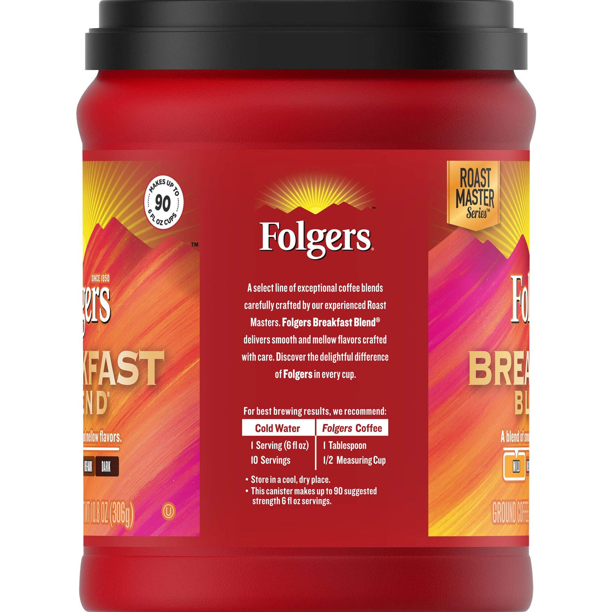 Folgers Breakfast Blend ground coffee ready for quick brew across home machines.