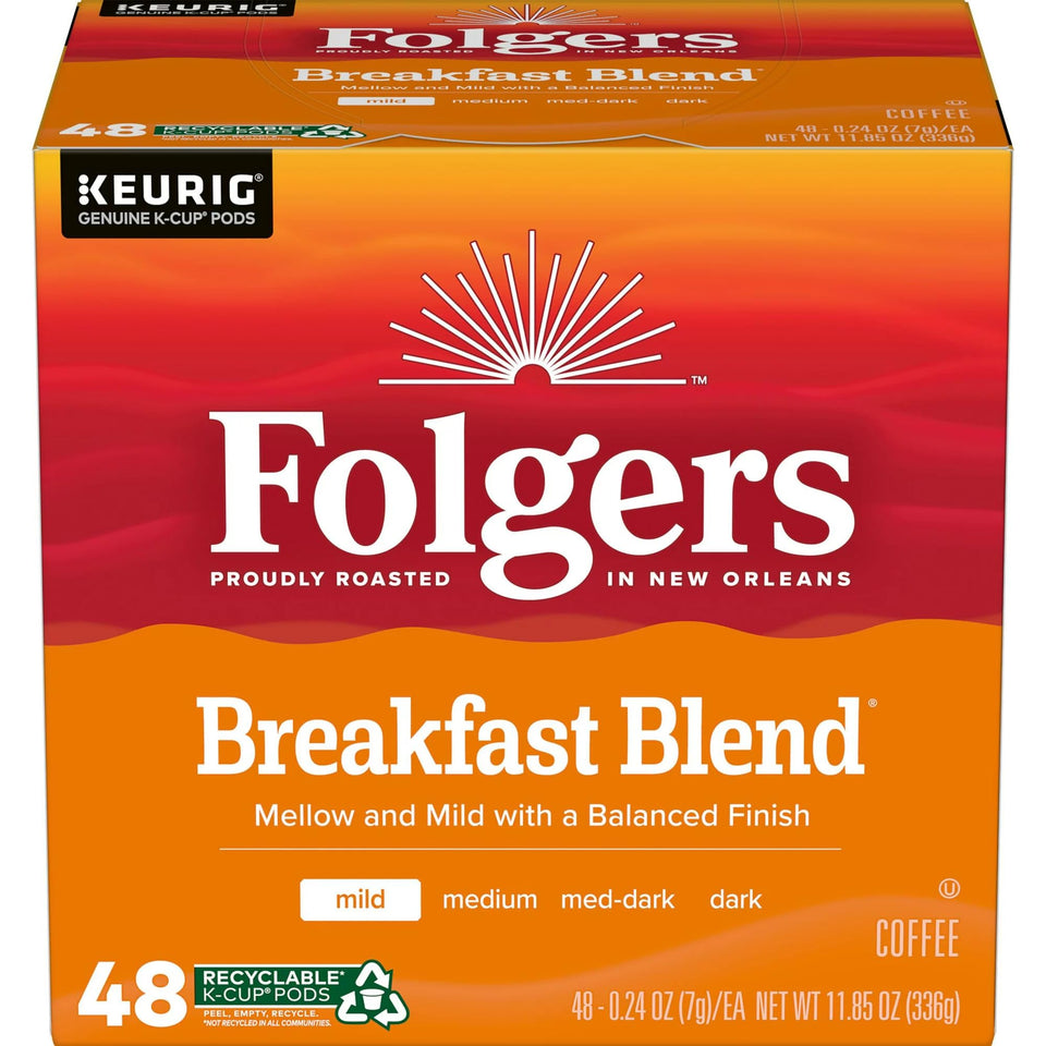 Folgers Breakfast Blend K-Cup pack 4x12 delivers a quick, consistent morning cup.