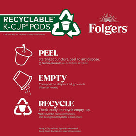 Steaming cup of Folgers Breakfast Blend with a K-Cup pod in view, morning aroma.