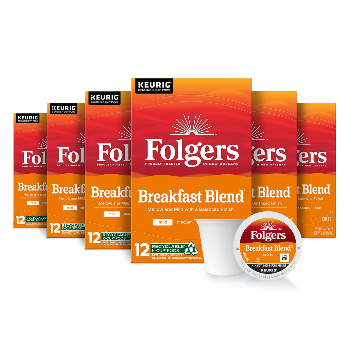 Folgers Breakfast Blend mild roast coffee boxes on a kitchen counter, ready for busy mornings.