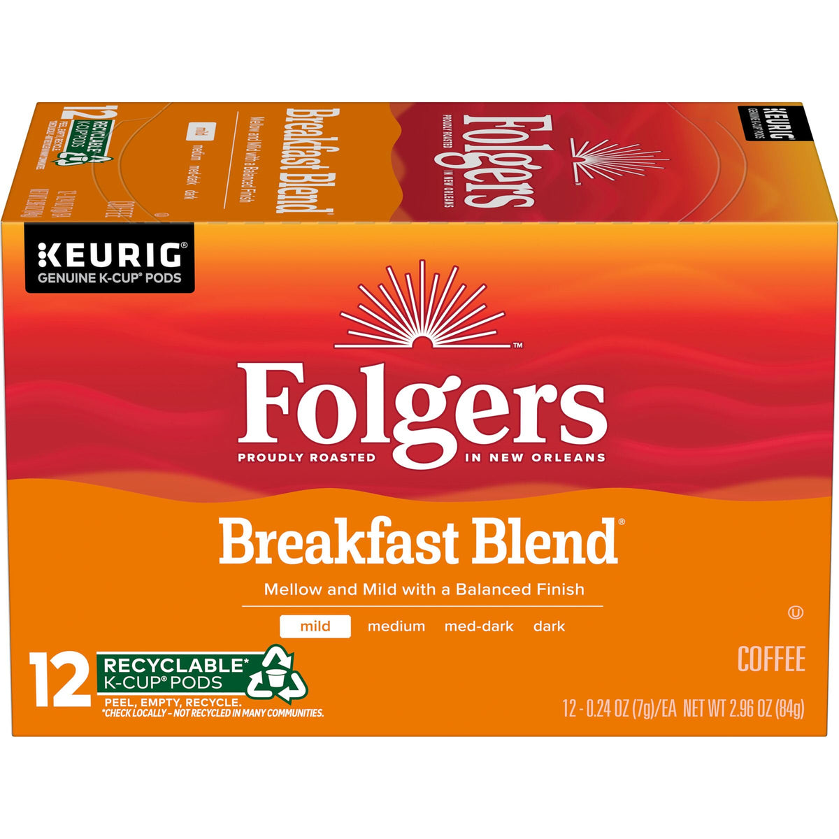 Folgers Breakfast Blend mild roast K-Cup pods for quick morning brews.
