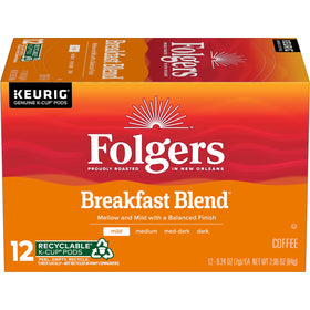 Folgers Breakfast Blend mild roast K-Cup pods for quick morning brews.