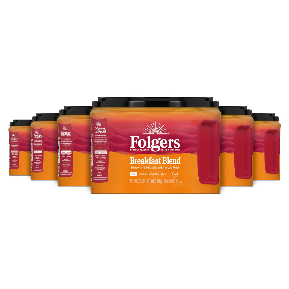 Folgers Breakfast Blend six-canister set for convenient home brewing.