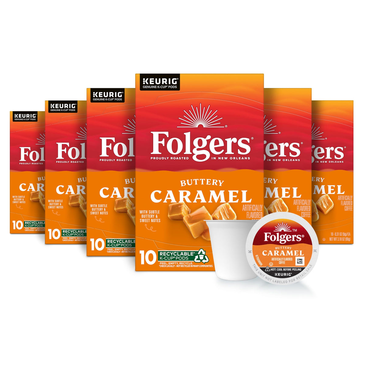 Folgers Buttery Caramel K-Cup pods for quick, flavorful mornings with buttery caramel notes