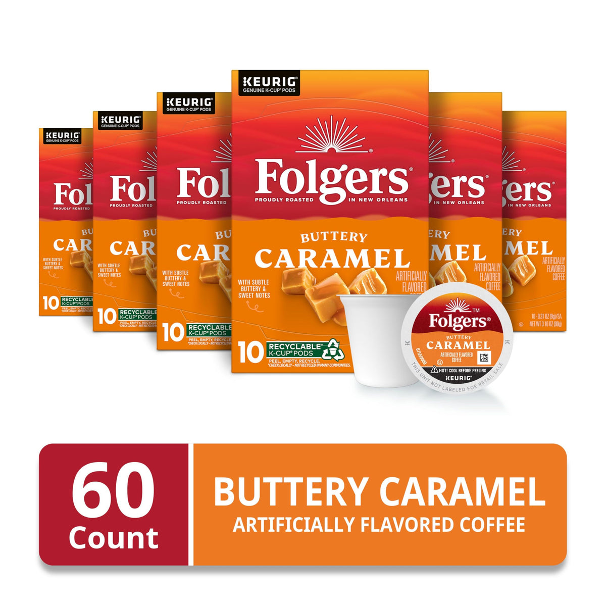 Close-up of Folgers Buttery Caramel K-Cup pod showing smooth surface and branding