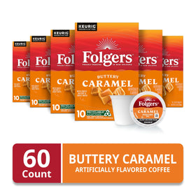 Close-up of Folgers Buttery Caramel K-Cup pod showing smooth surface and branding