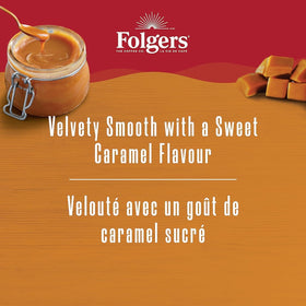 Folgers Caramel Drizzle brewed cup with inviting aroma and smooth sweetness.