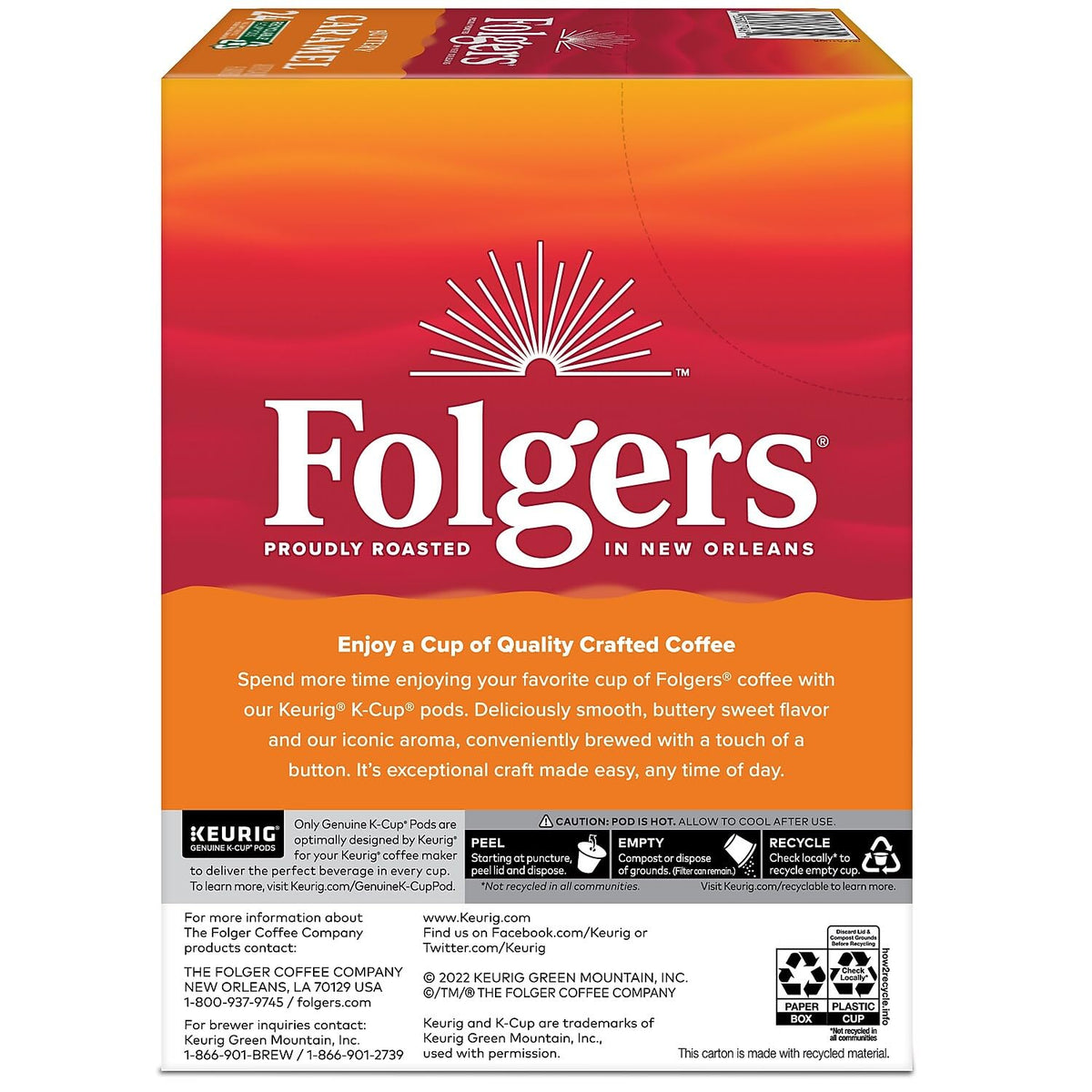 Folgers Caramel Drizzle cup with crema-like surface and inviting caramel scent.