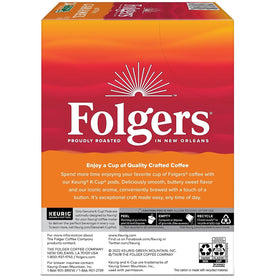 Folgers Caramel Drizzle cup with crema-like surface and inviting caramel scent.