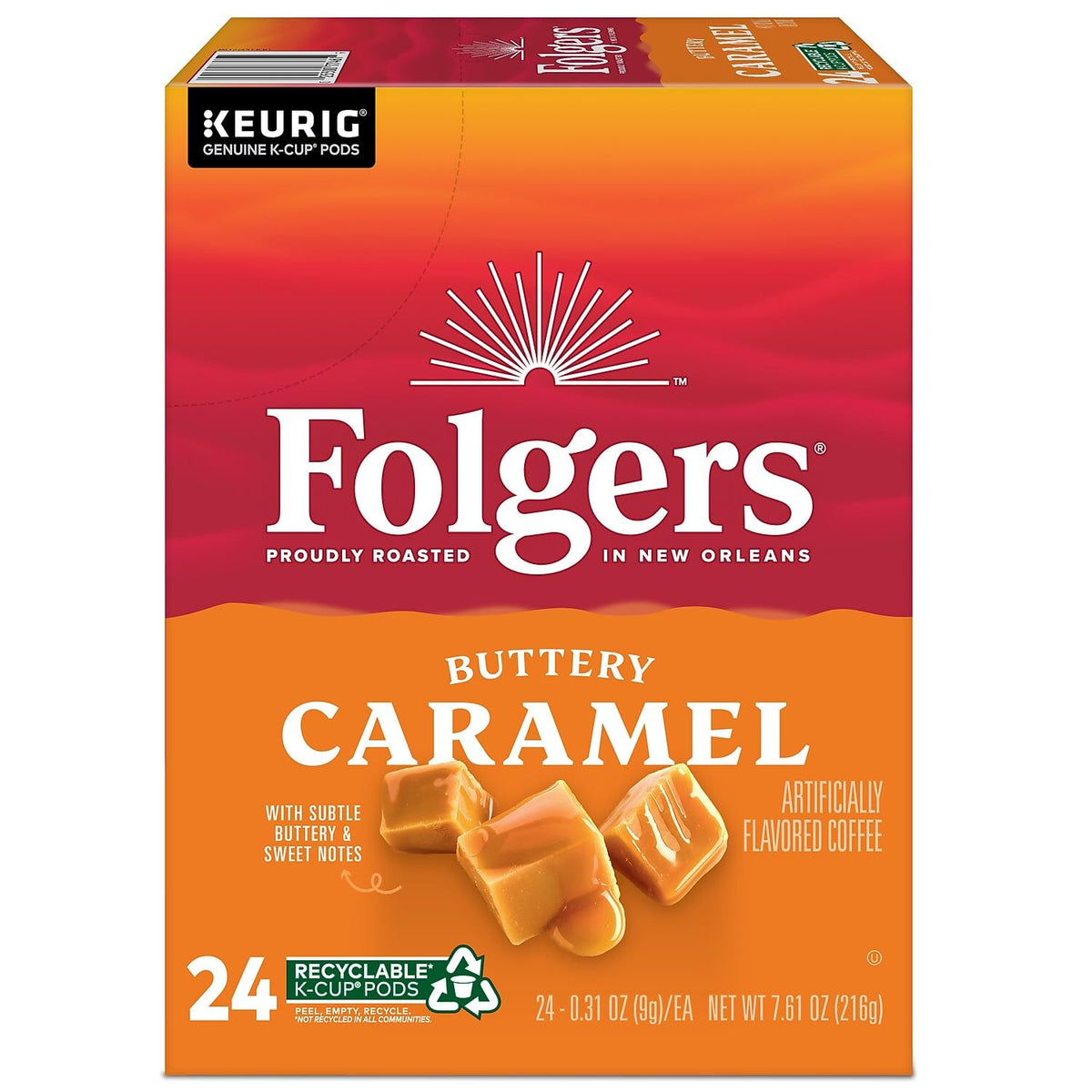 Folgers Caramel Drizzle coffee cup with steam and caramel aroma.