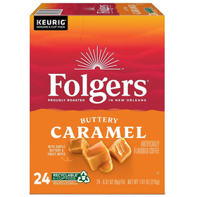 Folgers Caramel Drizzle coffee cup with steam and caramel aroma.