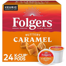 Folgers Caramel Drizzle K-Cups box front for a quick caramel-infused morning.