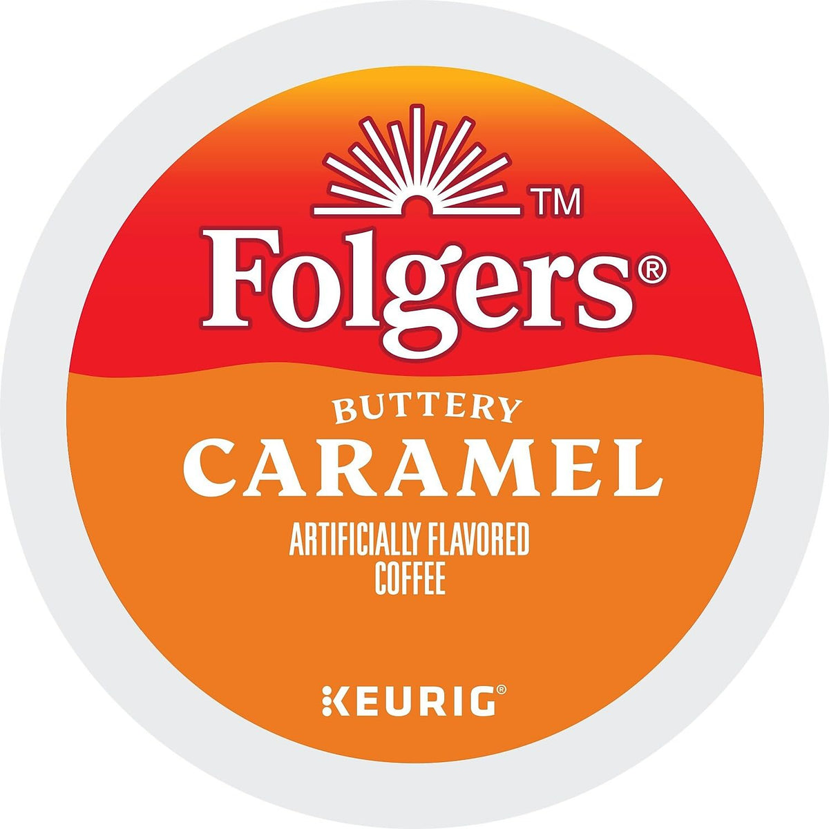 Folgers Caramel Drizzle K-Cups being inserted into a Keurig for quick brew.