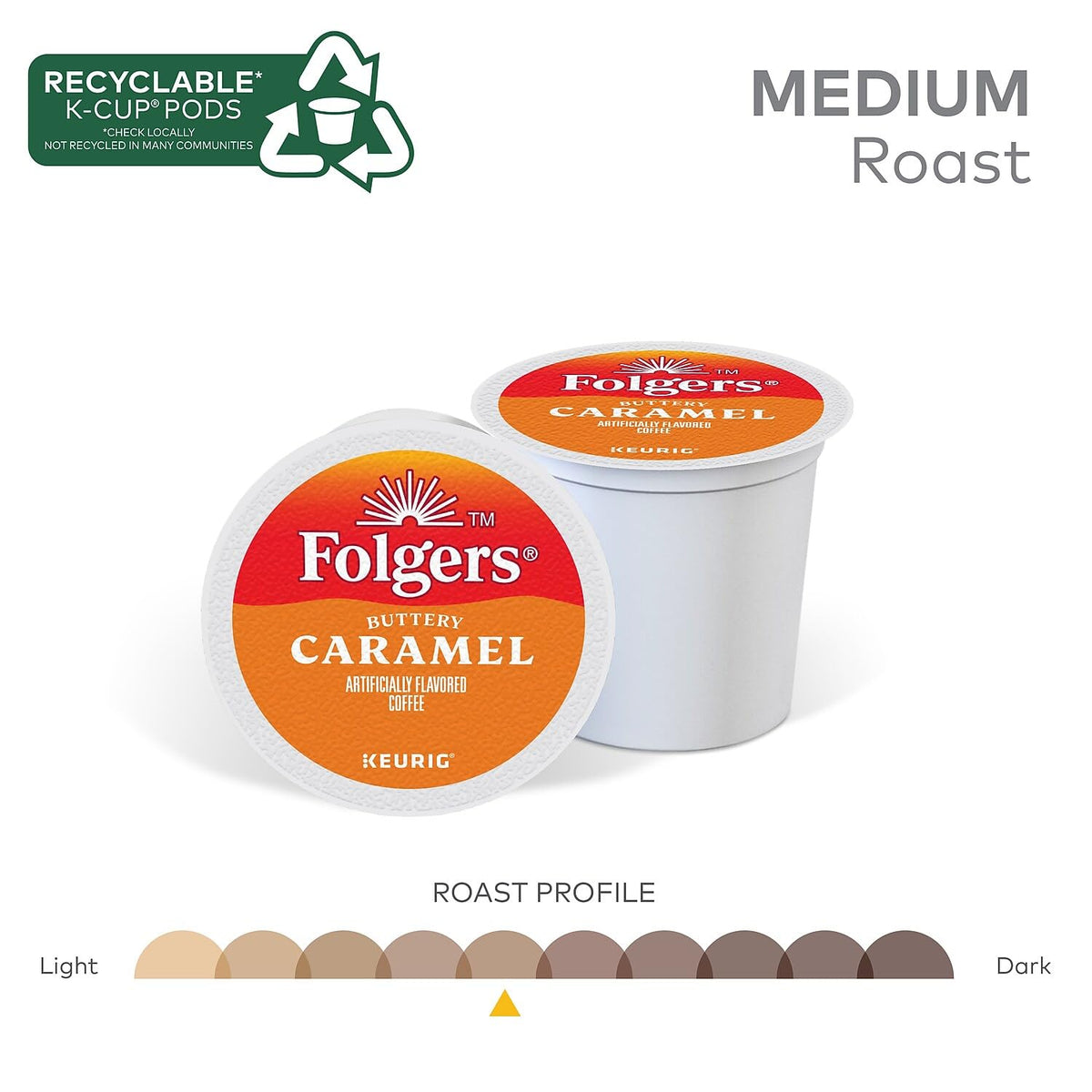 Folgers Caramel Drizzle K-Cups on morning counter ideal for a fast caramel pick-me-up.