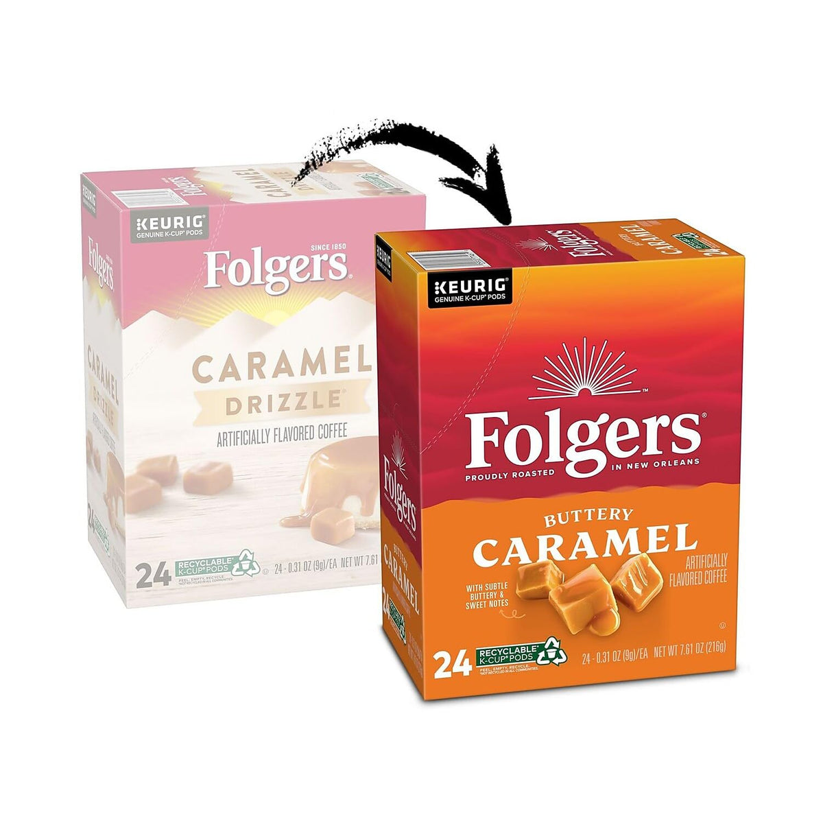 Folgers Caramel Drizzle K-Cups open pack for easy single-serve brewing.