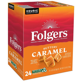 Folgers Caramel Drizzle K-Cups packaging closeup highlighting Keurig compatibility.