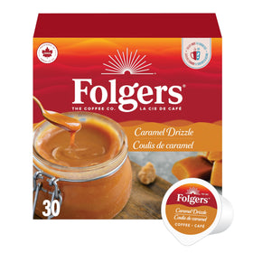 Folgers Caramel Drizzle packaging on shelf, convenient for busy mornings.