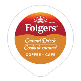 Folgers Caramel Drizzle pod close-up, delivering consistent single-serve convenience.